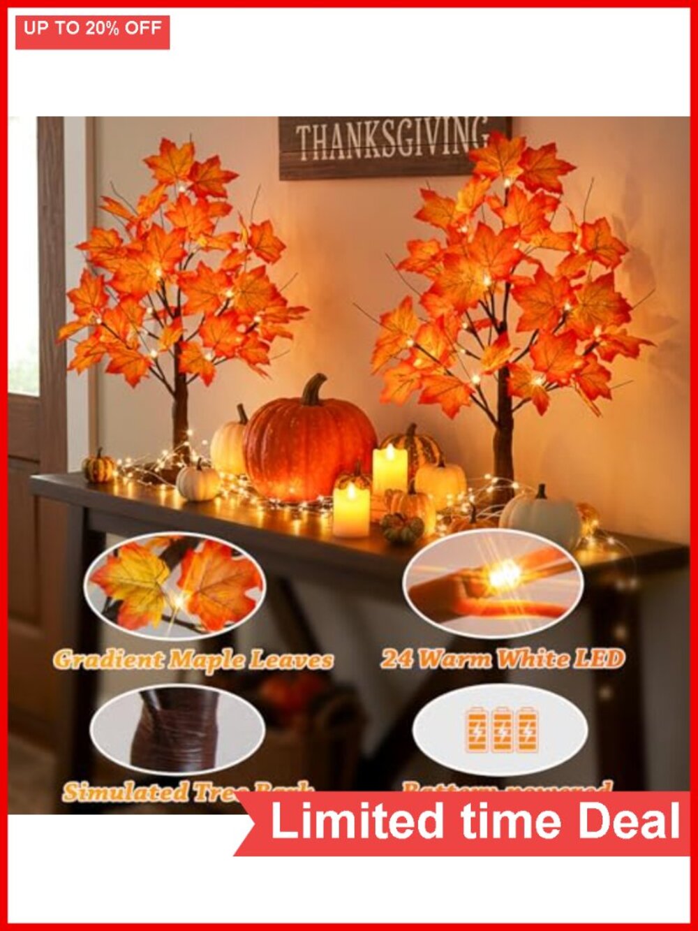 Fall Maple Tree LED Light Up Decorative Artificial Tree with Timer - Picture 4 of 6